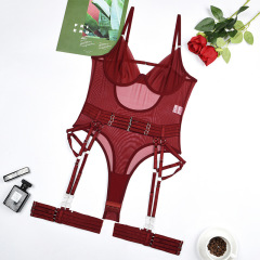 Z3428A-Sexy underwear see-through mesh body-shaping bodysuit garter belt three-piece set for women