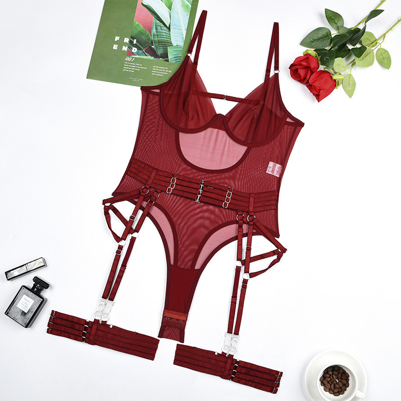 Z3428A-Sexy underwear see-through mesh body-shaping bodysuit garter belt three-piece set for women