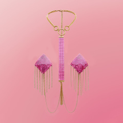 220317e--Sexy Nipple Paste Pink Metal Chest Paste with Tassel Aluminum Mesh Anti-Lighting Paste