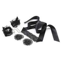 332400067--Passionate Alternative Blindfold Suit Black Lace Three-piece Eye Mask Handcuffs Round Breast Paste