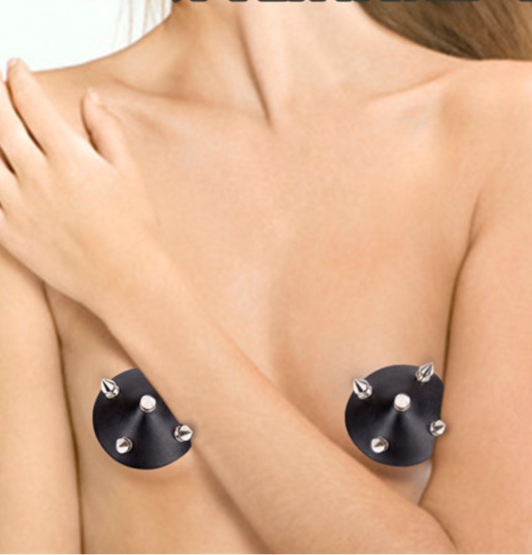 202402066--Genuine leather spiked nipple pasties for women, spiked stage props