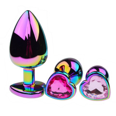 wo-14-Colorful heart-shaped sm metal anal plug set in the back yard, sex toy anal plug