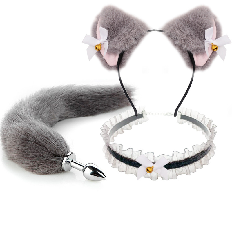 SZ010--Set of anal plugs for men and women, sexual products, SM metal fun suit, fox tail 3-piece set