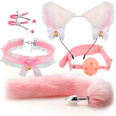 SZ012--Set of anal plugs for men and women, sexual products, sm metal fun set, fox tail 5-piece set