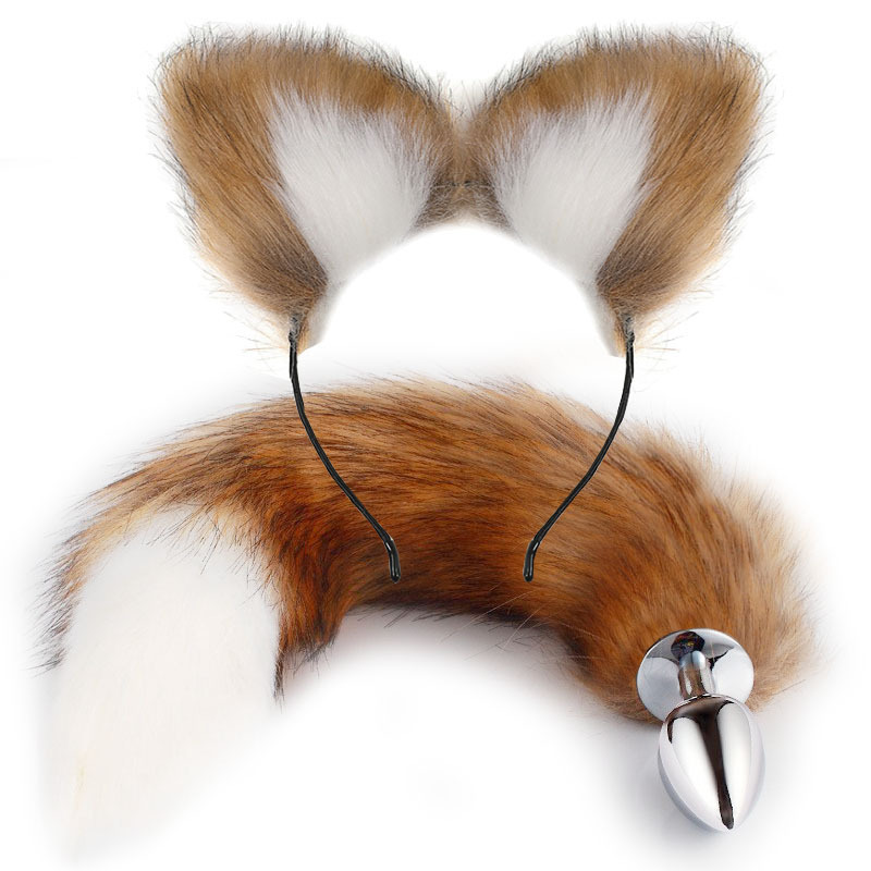 SZ013--SM Sexy Fox Tail Anal Plug Metal Back Chamber Plug Artificial Tail Set 2-piece Set 26 Colors Optional