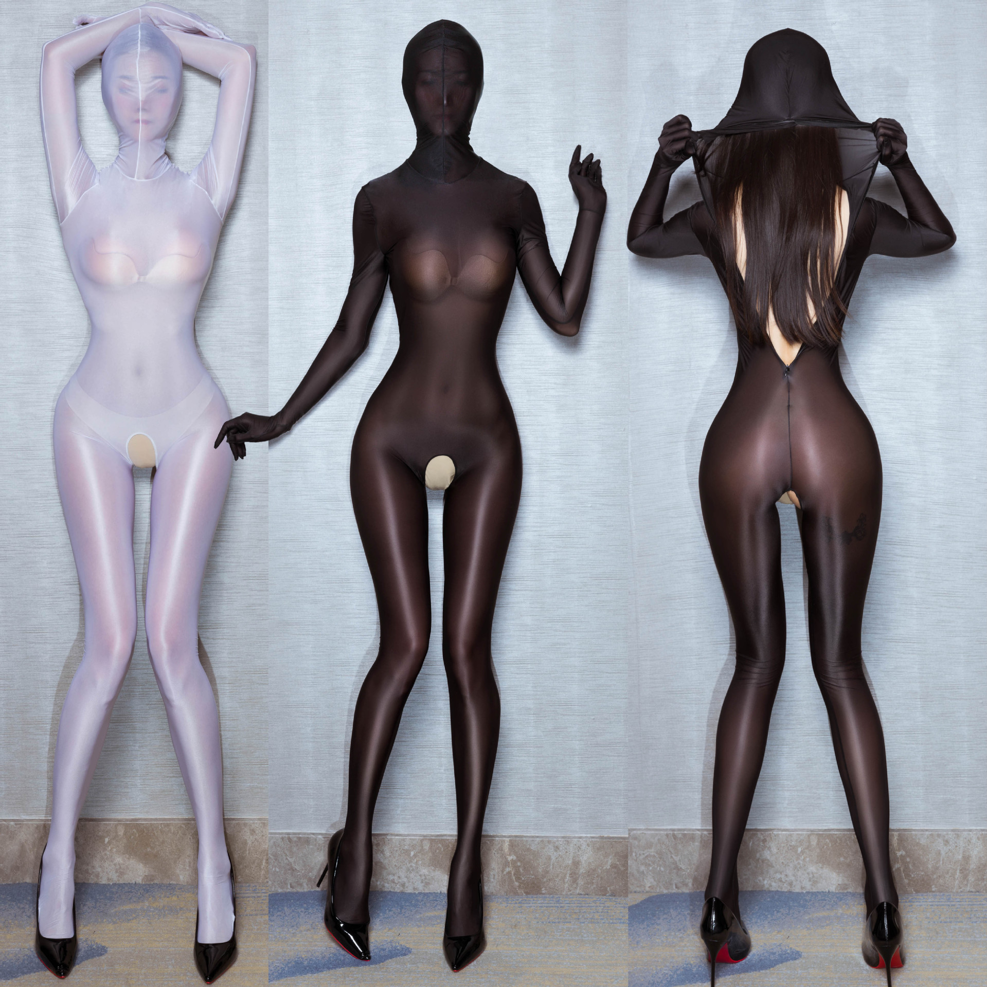 9035--Open underwear, shiny, silky, sexy, transparent, all-inclusive, toe-toe, tight-fitting zipper jumpsuit