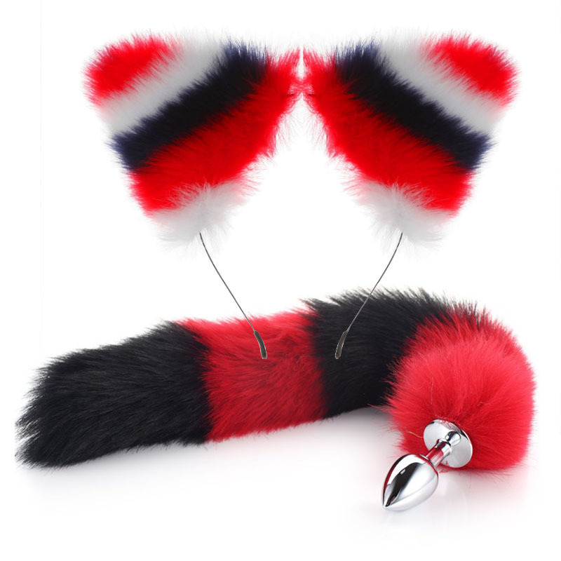 SZ013--SM Sexy Fox Tail Anal Plug Metal Back Chamber Plug Artificial Tail Set 2-piece Set 26 Colors Optional