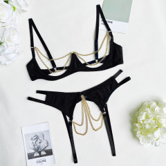 303249-European and American erotic lingerie, sexy hollow metal chain decorative suspenders two-piece set