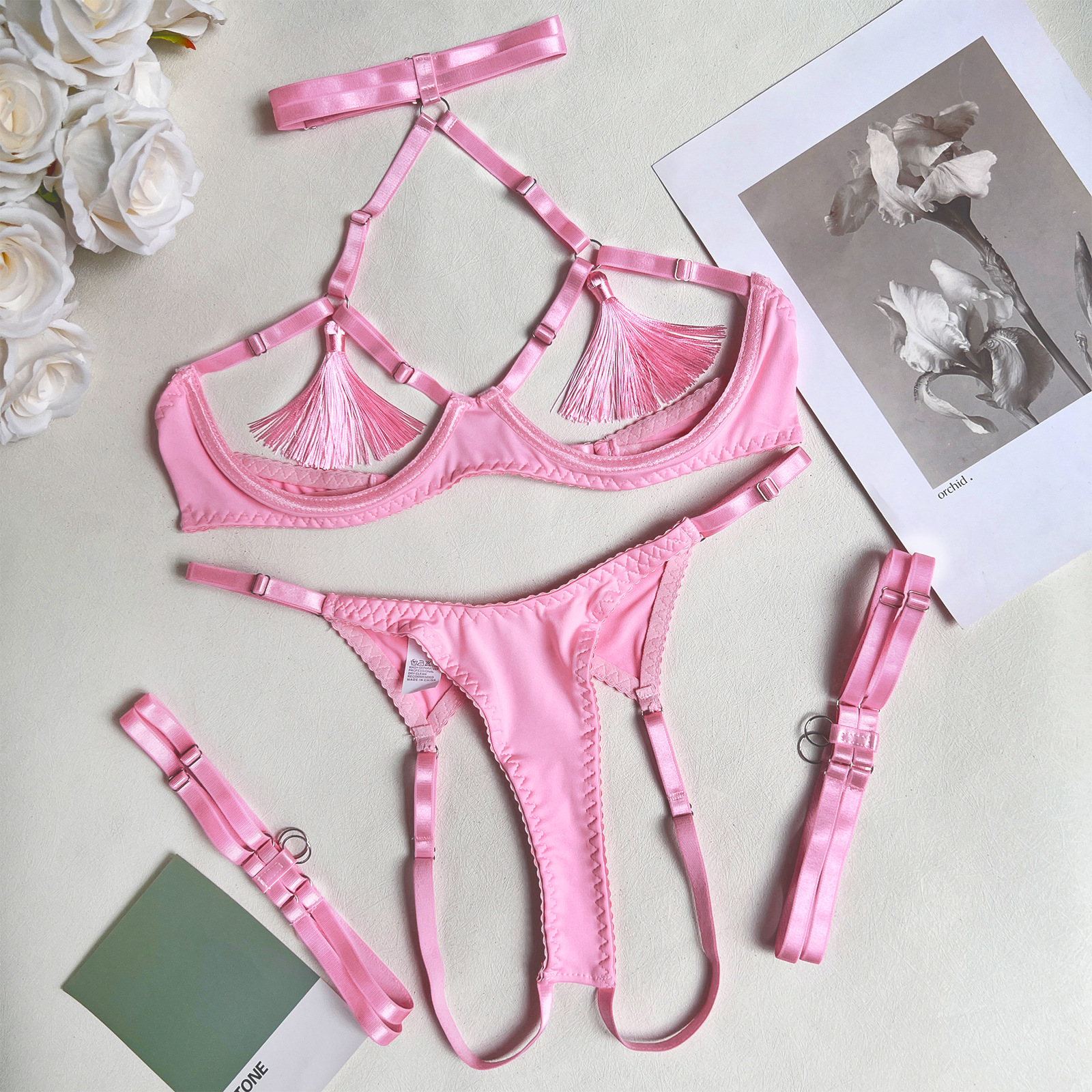 211211-European and American sexy tassel underwear Amazon steel ring mesh underwear set sexy kit