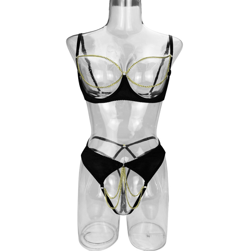 303249-European and American erotic lingerie, sexy hollow metal chain decorative suspenders two-piece set