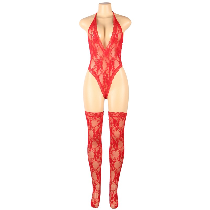 R81021--Sexy lace neckline sleeveless see-through deep V-neck bodysuit sexy suit