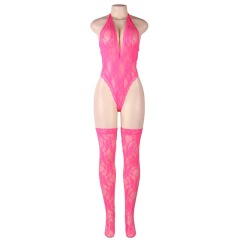 R81021--Sexy lace neckline sleeveless see-through deep V-neck bodysuit sexy suit