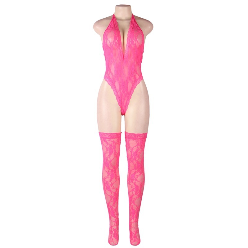 R81021--Sexy lace neckline sleeveless see-through deep V-neck bodysuit sexy suit