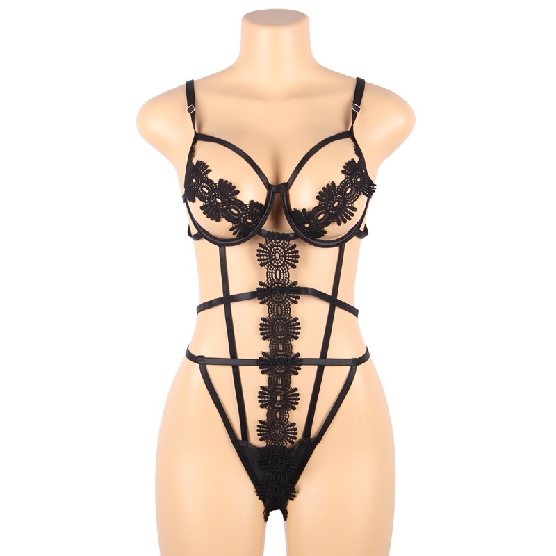 R80944--Large size sexy underwear sexy three-point jumpsuit hollow steel ring elastic bandage