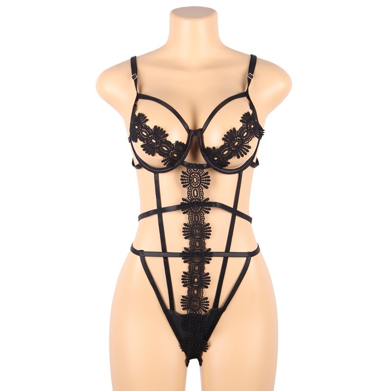 R80944--Large size sexy underwear sexy three-point jumpsuit hollow steel ring elastic bandage