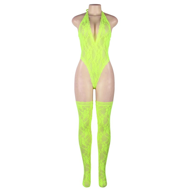 R81021--Sexy lace neckline sleeveless see-through deep V-neck bodysuit sexy suit