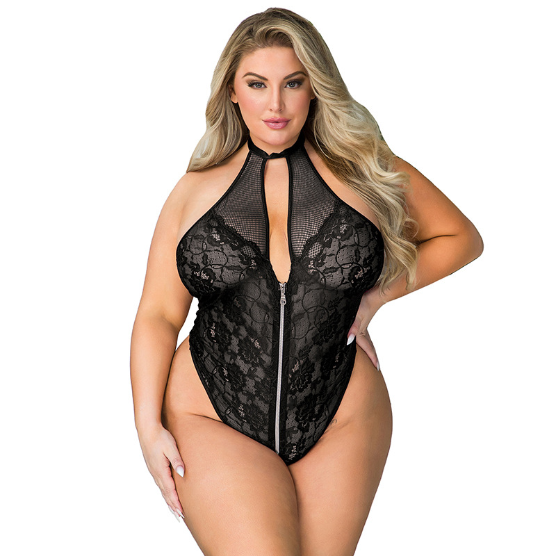 R81046--Plus size sexy lingerie women's neck scarf backless sexy open chest jumpsuit