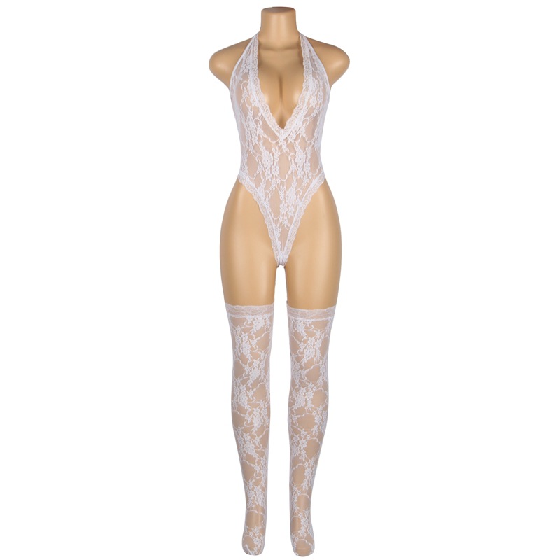 R81021--Sexy lace neckline sleeveless see-through deep V-neck bodysuit sexy suit
