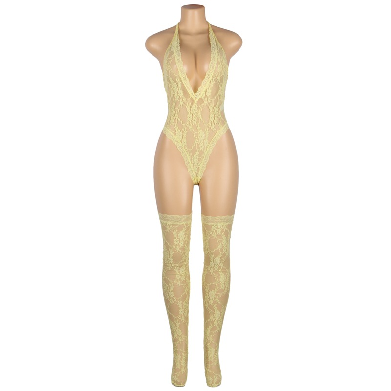 R81021--Sexy lace neckline sleeveless see-through deep V-neck bodysuit sexy suit