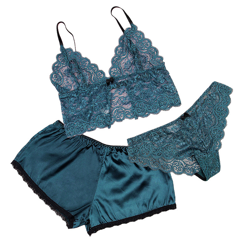 R80900--Sexy Home Lingerie Sexy Thin Lace Bra Panties Three-piece Set Shorts Color: Blue, Red, Black, Green