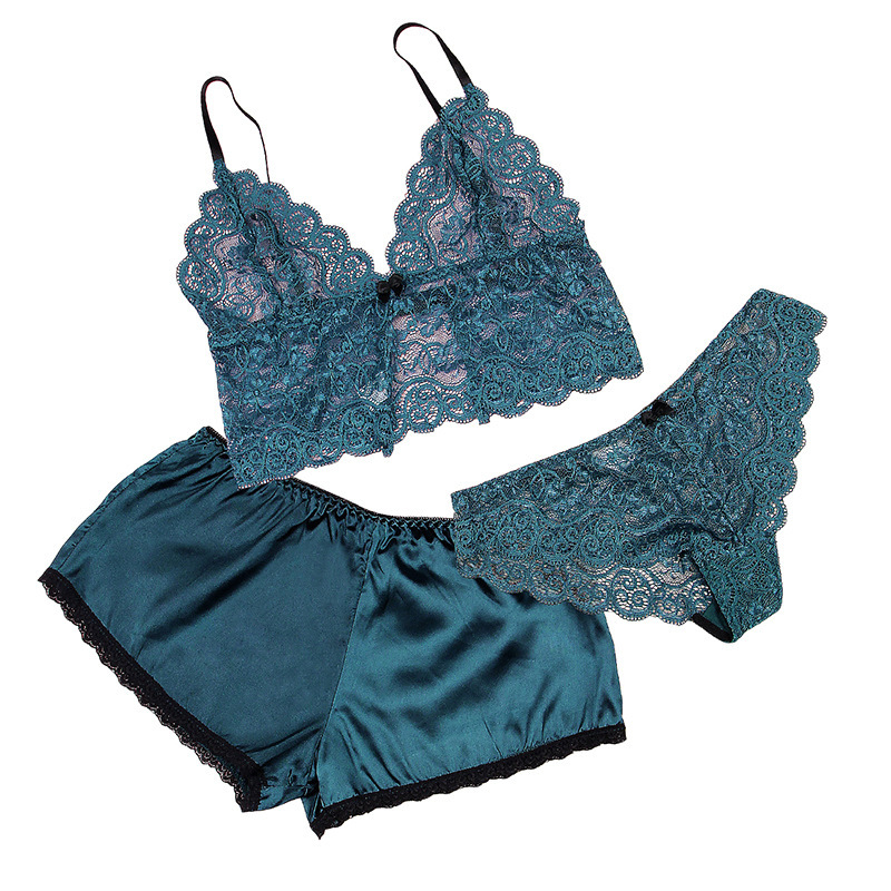 R80900--Sexy Home Lingerie Sexy Thin Lace Bra Panties Three-piece Set Shorts Color: Blue, Red, Black, Green