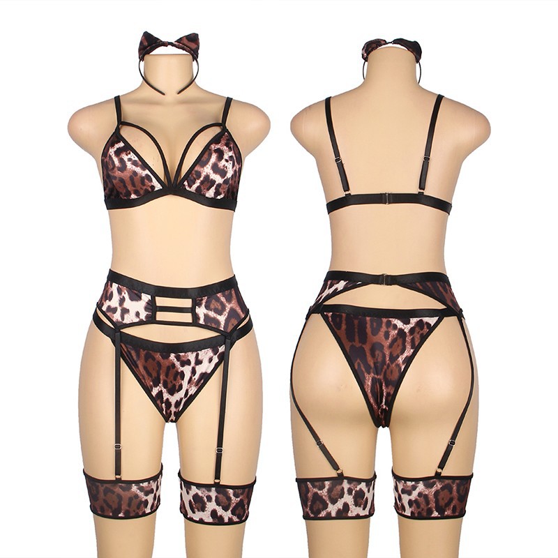 R81099--Plus size sexy lingerie couple stimulating role play leopard girl leopard print bra garter belt panty set