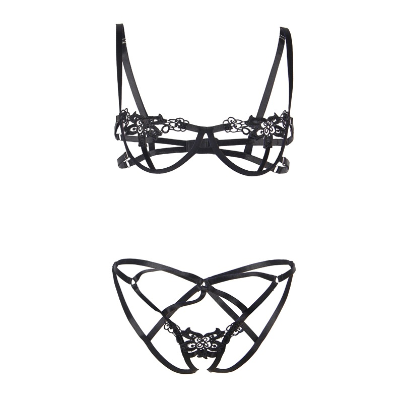 R80975--Plus size sexy lingerie sexy three-point bra set hollow see-through