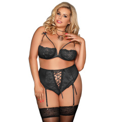 R80646--Plus size sexy lingerie sexy lace hollow 1/2 cup bra high waist lace up panties garter belt