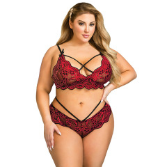 R81047--Large size sexy lingerie lace cross strap embroidered decorative sexy bra set