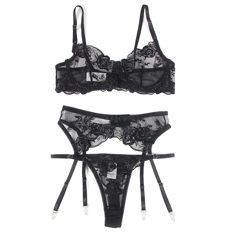 R81122--Plus size women's sexy lace see-through embroidered underwire garter belt underwear bra set
