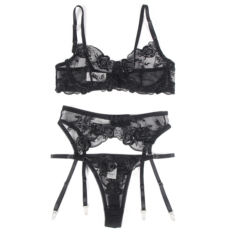 R81122--Plus size women's sexy lace see-through embroidered underwire garter belt underwear bra set