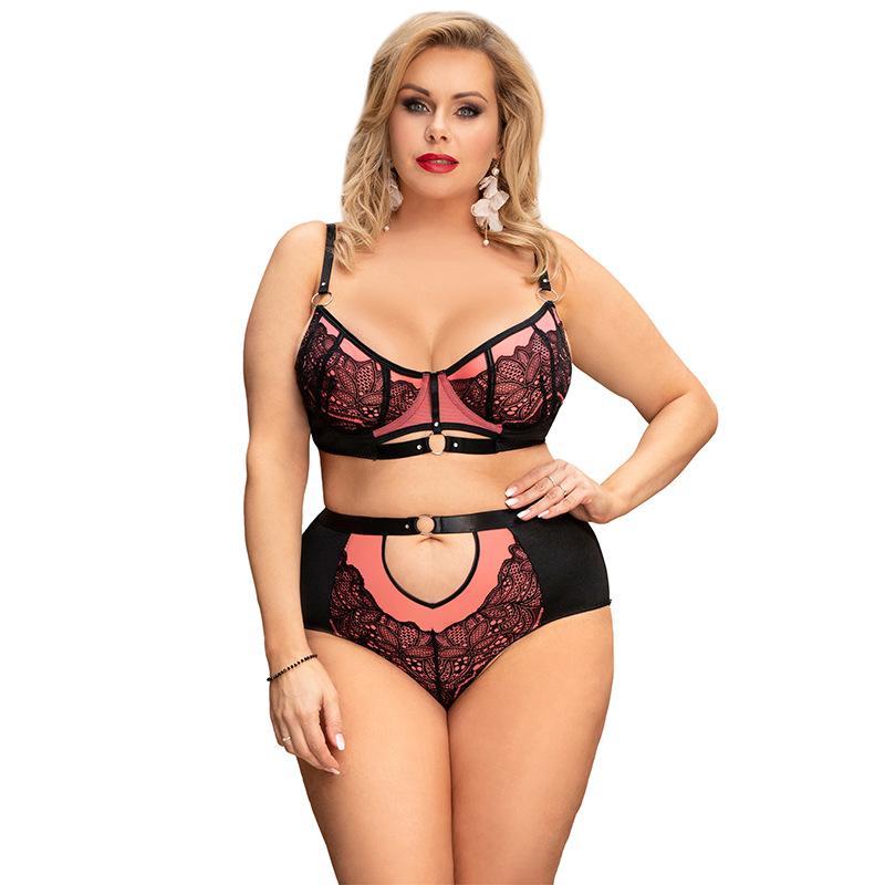 R80886--Large size three-point underwear set including underwire bra, high-waisted see-through panties, 2-piece set