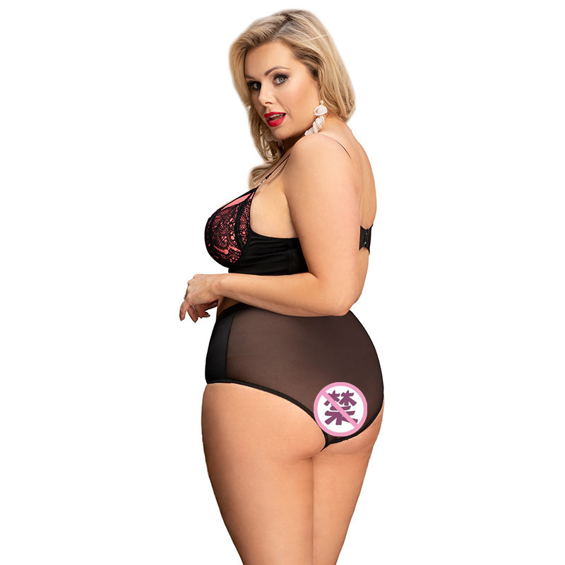 R80886--Large size three-point underwear set including underwire bra, high-waisted see-through panties, 2-piece set