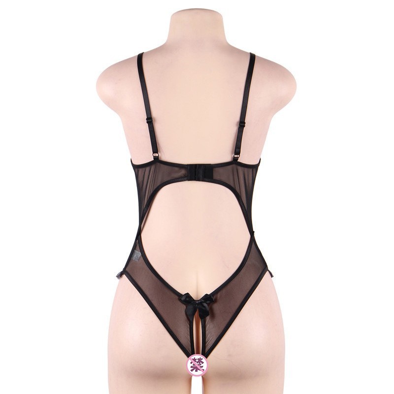 R80922--Sexy lingerie, sexy lace, see-through hollow jumpsuit, bow-knot, breast-revealing outfit