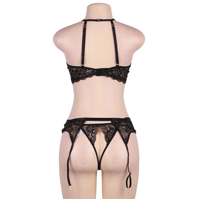R80774--Large size sexy lingerie halter neck exposed breast garter sexy lace suit