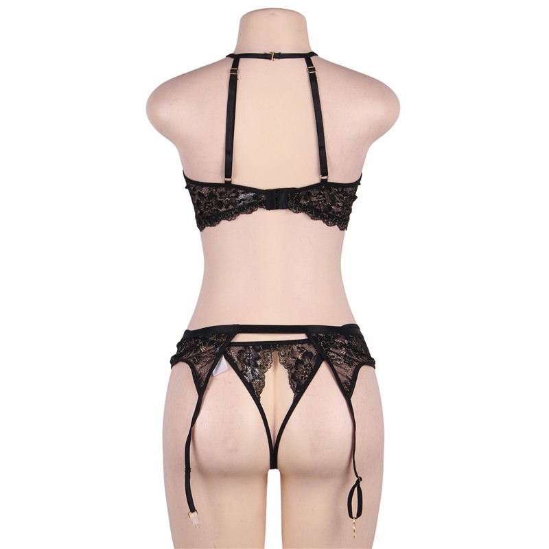 R80774--Large size sexy lingerie halter neck exposed breast garter sexy lace suit
