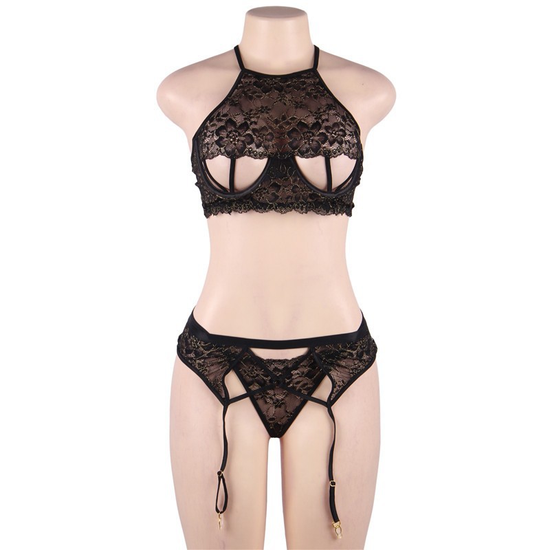 R80774--Large size sexy lingerie halter neck exposed breast garter sexy lace suit