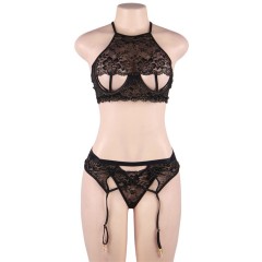 R80774--Large size sexy lingerie halter neck exposed breast garter sexy lace suit