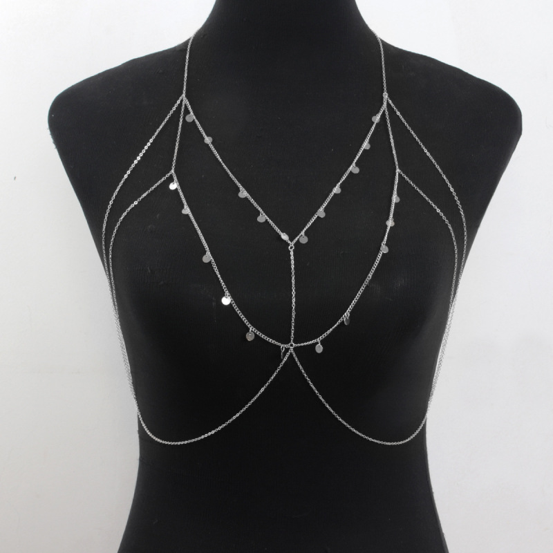ST230707-European and American sexy sequin tassel clothing chain simple cross chain alloy body chain