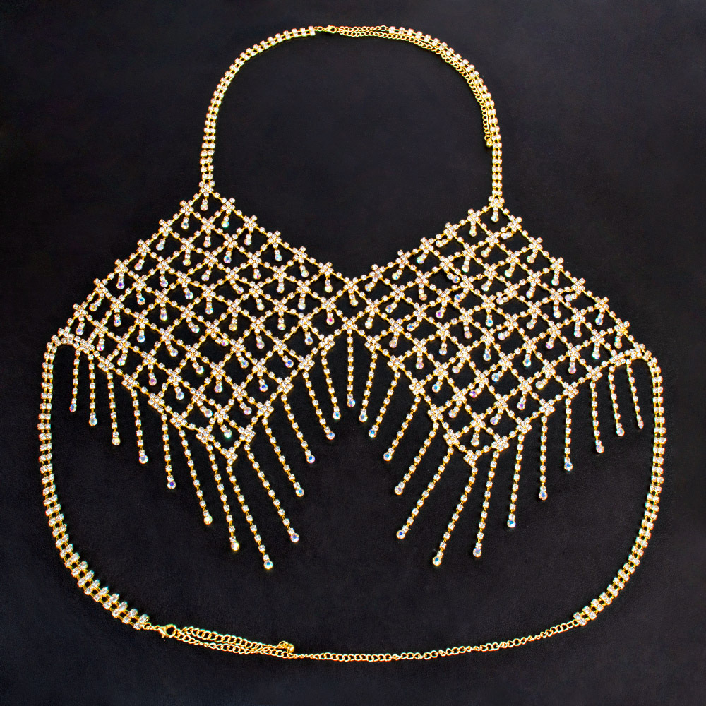 0058-European and American popular bikini rhinestone bra chain Nightclub women's tassel AB color super large luxury rhinestone bra body chain