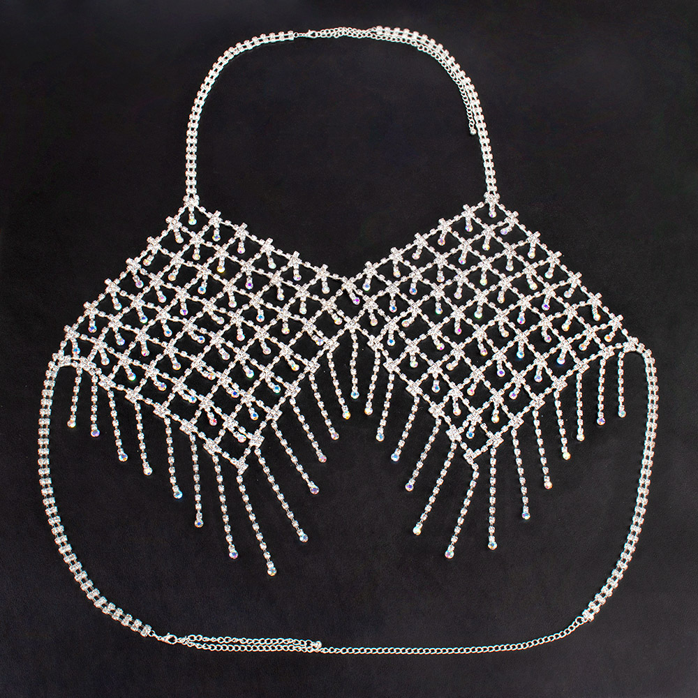 0058-European and American popular bikini rhinestone bra chain Nightclub women's tassel AB color super large luxury rhinestone bra body chain