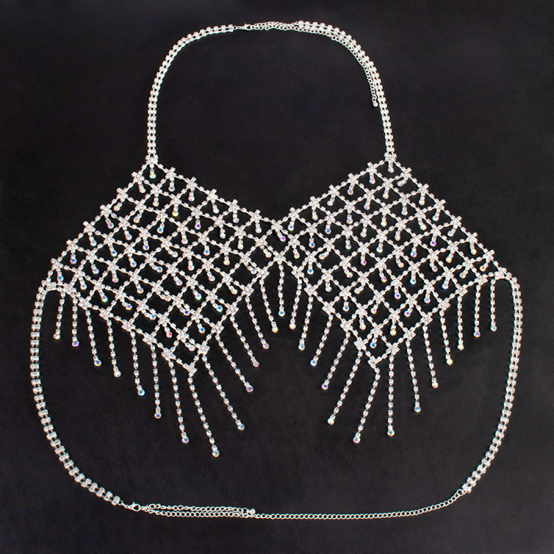 0058-European and American popular bikini rhinestone bra chain Nightclub women's tassel AB color super large luxury rhinestone bra body chain