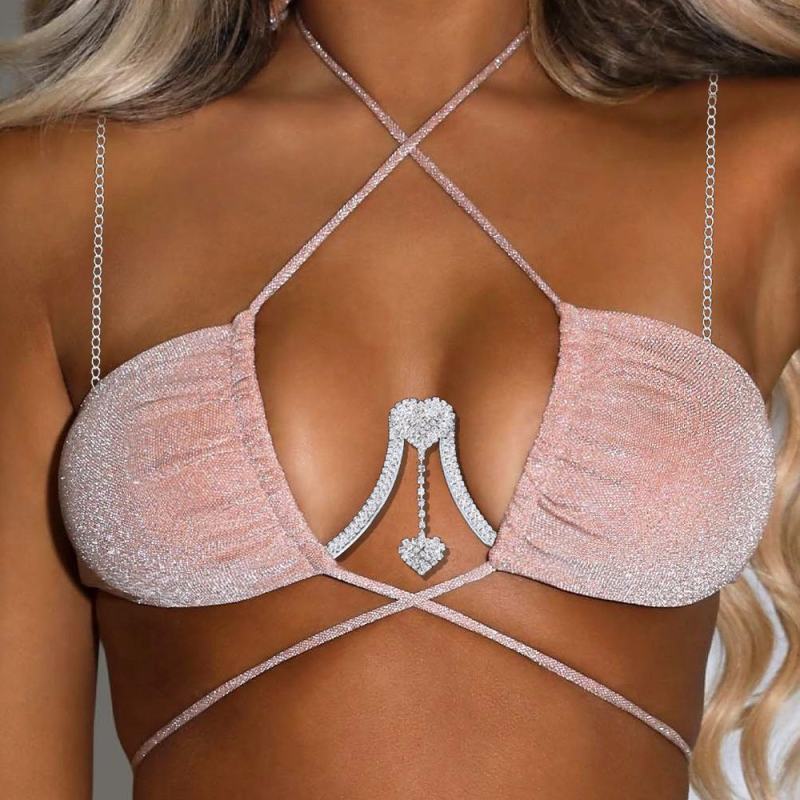 XT22602-Double Heart Pendant Rhinestone Chest Chain Fashion Women's Body Chain Jewelry Accessories