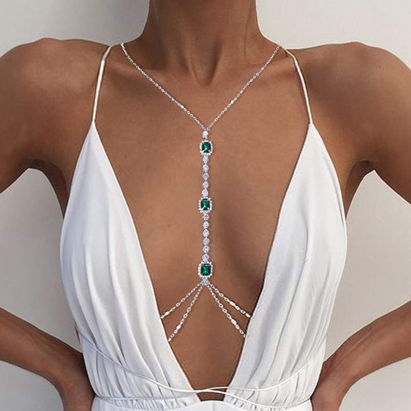 ST221014-Cross-border European and American rhinestone emerald breast chain for women sexy fashion simple bikini body chain