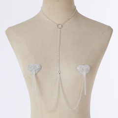 ST230937-New rhinestone love breast patch, European and American nightclub sexy breast patch, detachable halter neck one-piece chain chest chain