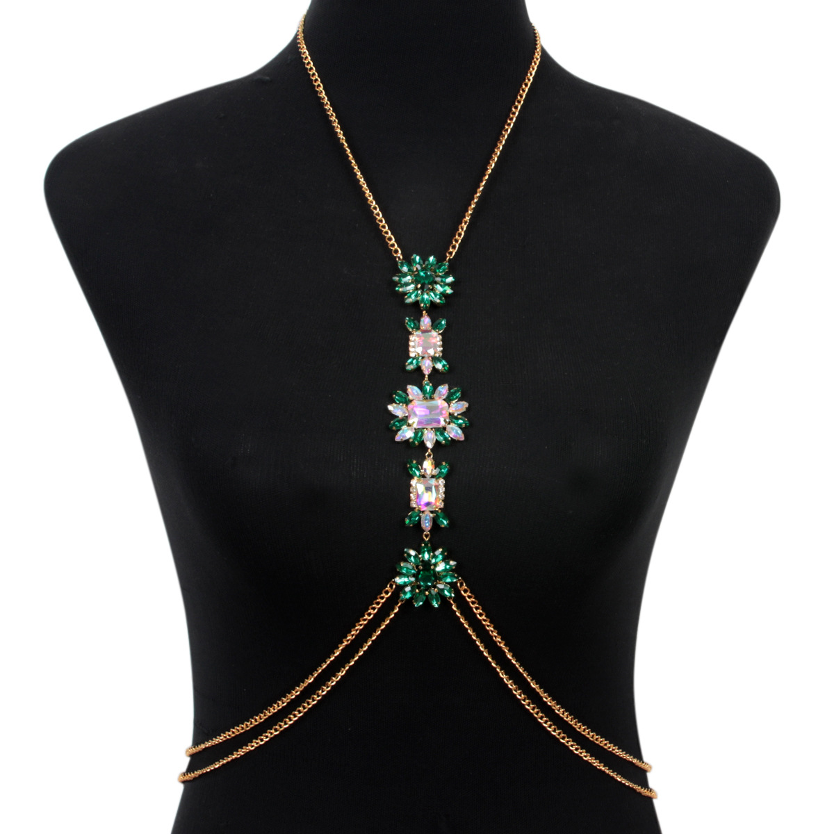 ST230814-Popular chest jewelry chain, fashionable luxury shiny colored diamond European and American sexy body chain accessories