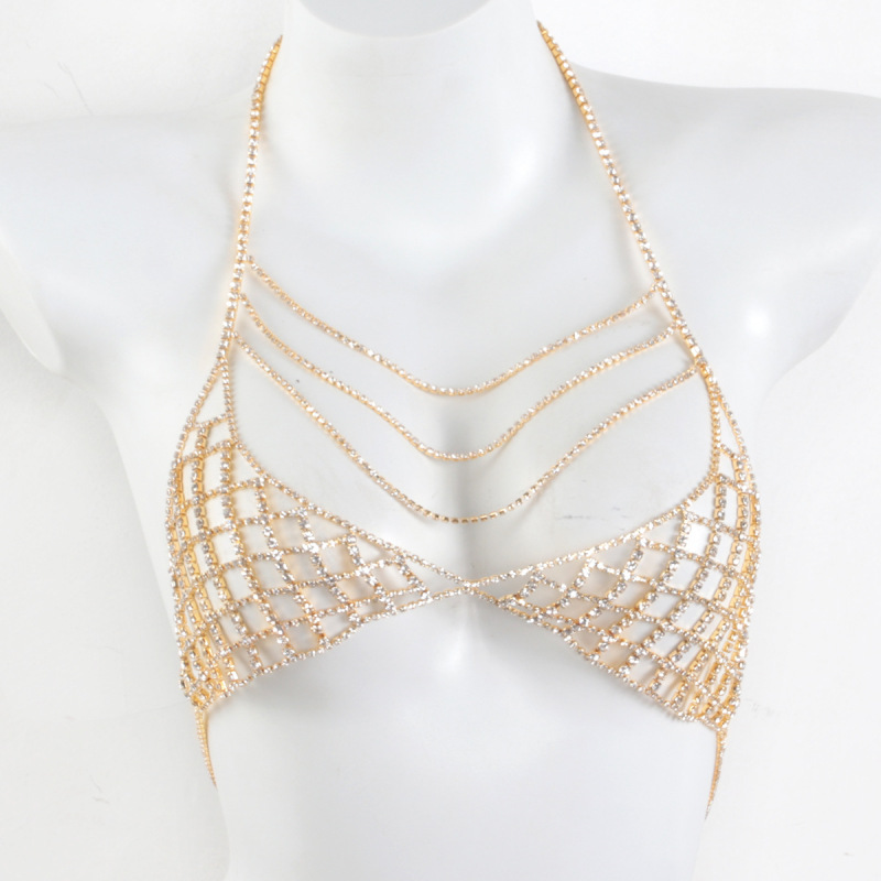 ST230801-European and American rhinestone chest chain jewelry nightclub beach trend multi-layer necklace body chain