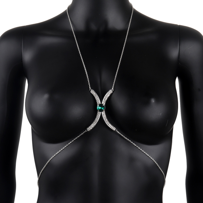 ST230104-European and American Halter Neck Chest Chain Fashionable Green Rhinestone Geometric Diamond Retro Sexy Body Chain for Women