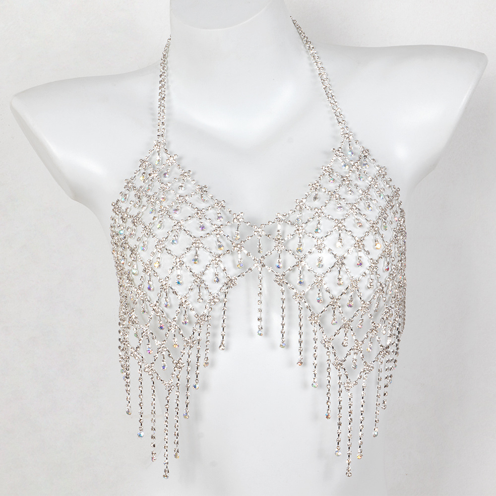 0058-European and American popular bikini rhinestone bra chain Nightclub women's tassel AB color super large luxury rhinestone bra body chain