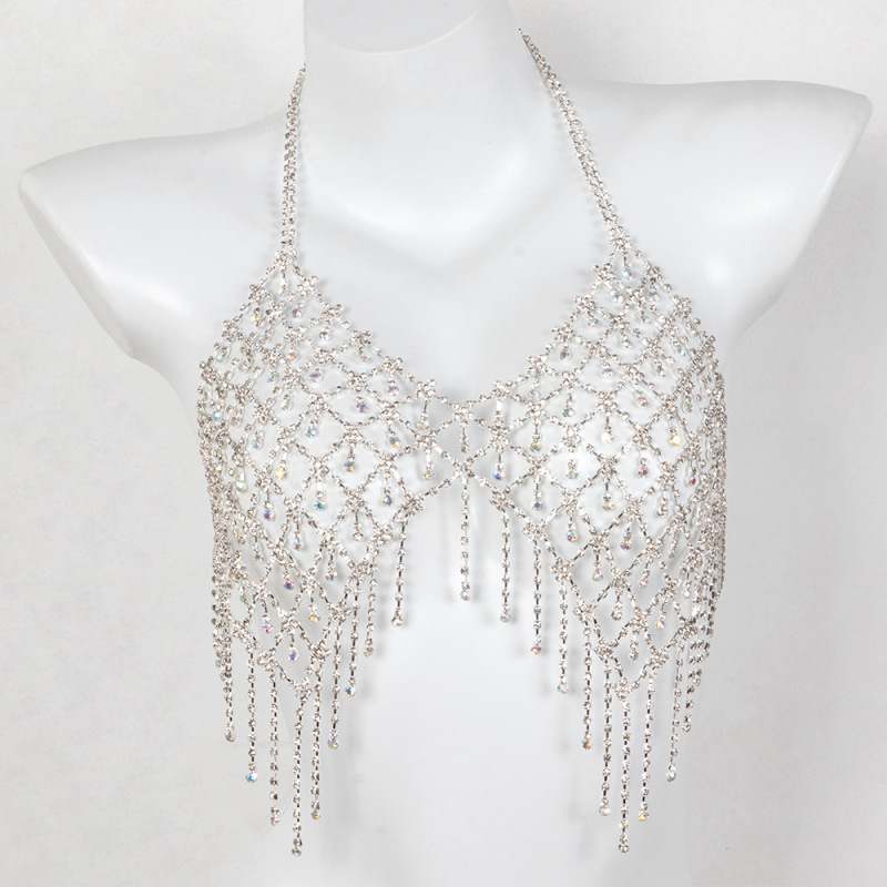 0058-European and American popular bikini rhinestone bra chain Nightclub women's tassel AB color super large luxury rhinestone bra body chain